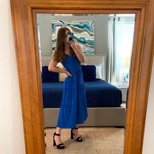BCBG MaxAzria dress, blue tiered maxi dress, size S
